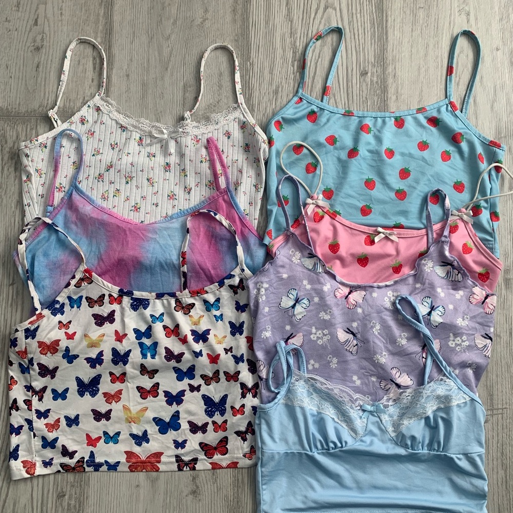 Cropped tank top lot of 7 strawberry butterfly y2k crop cute tie dye brown pants